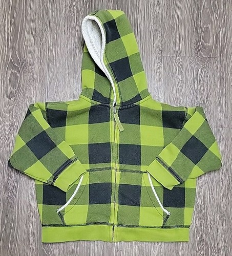 Lands End Boy 4 Coat Sherpa Lined Hoodie Full Zip Jacket Green Black Check Small - Picture 5 of 24