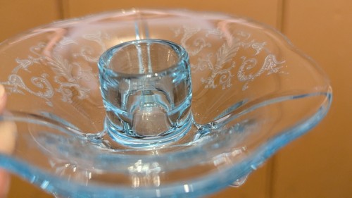 VTG Pair Fostoria Glass Co JUNE ETCH AZURE BLUE #2394 Three-Toed Candlestick! - Picture 11 of 13