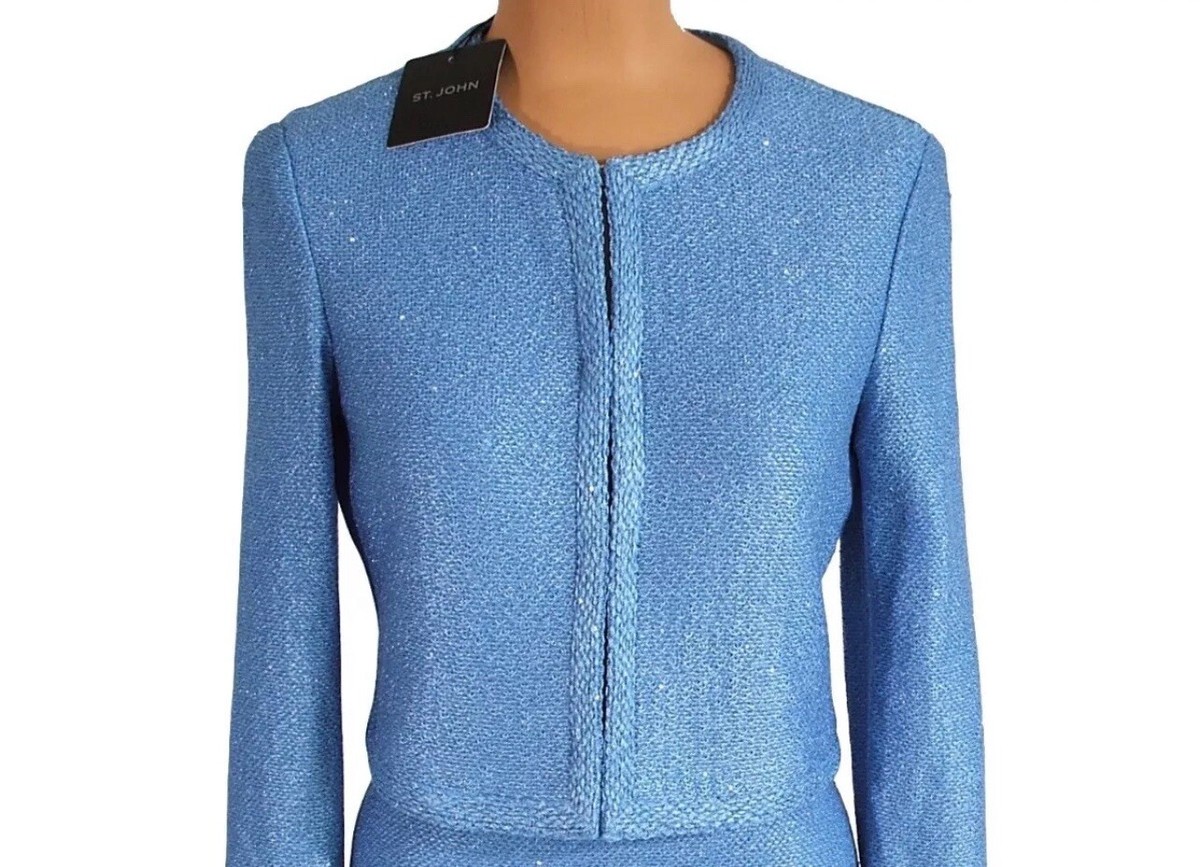ST. JOHN EVENING ノーカラージャケット ブルー NWT ST. JOHN Knits Blue Micro Sequin Knit Blazer Jacket Cardigan