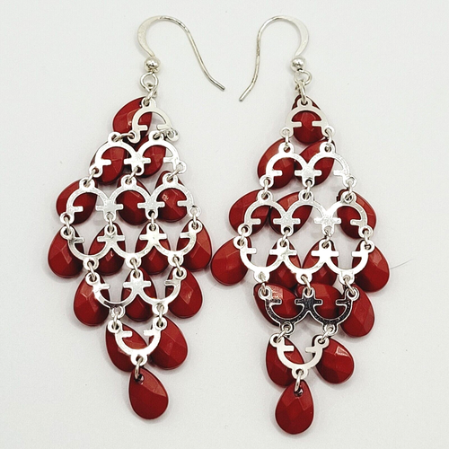 Macy's Style & Co Red Acrylic Silver Tone Chandelier Pierced Hook Style Earrings - Picture 21 of 23