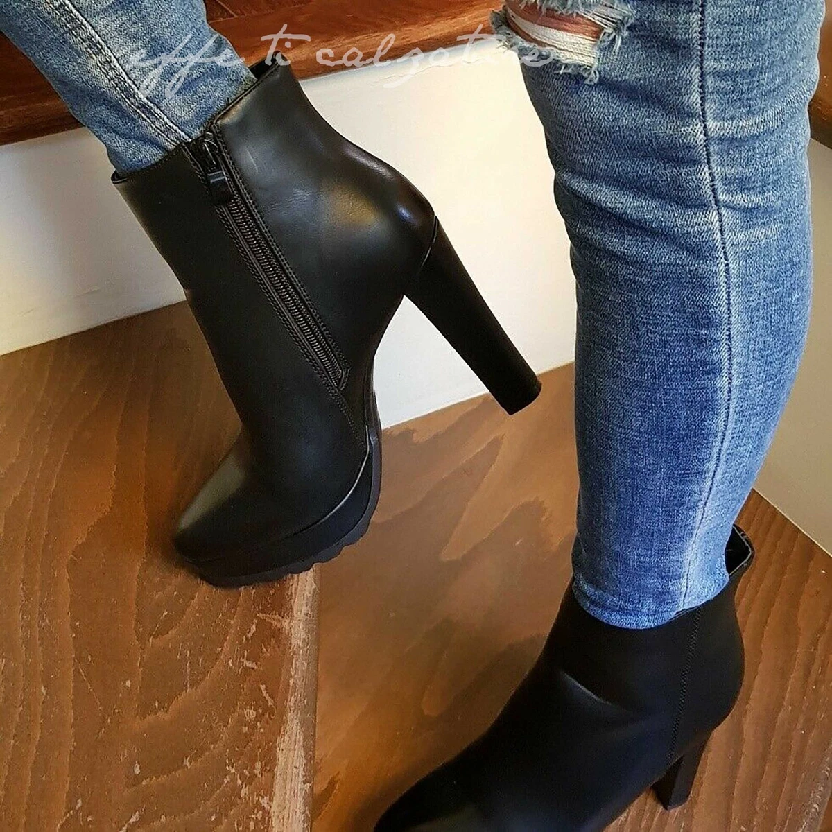 Scarpe Donna Stivali Stivaletti Tronchetti Tacco Alto Largo Plateau Nero