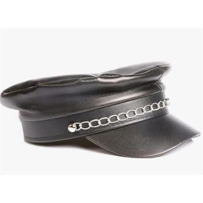 SCHWARZE LEDER OPTIK HUT MIT KETTE 80ER JAHRE PUNK ROCK BIKER KOSTÜM ACCESSOIRE