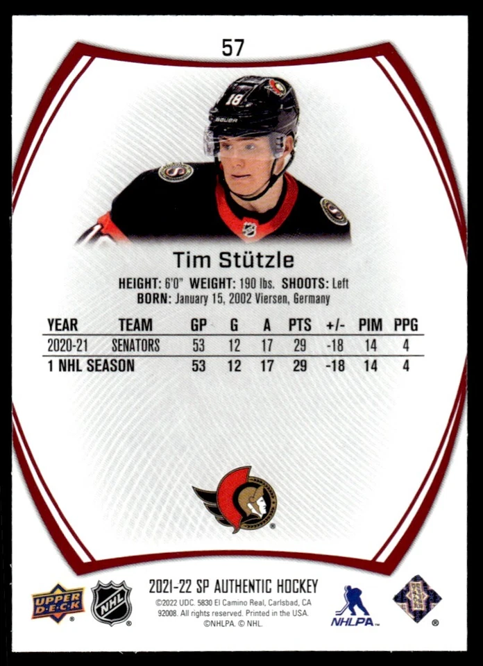 2021-22 SP Authentic Limited Tim Stutzle Ottawa Senators #57 - Image 2 of 2