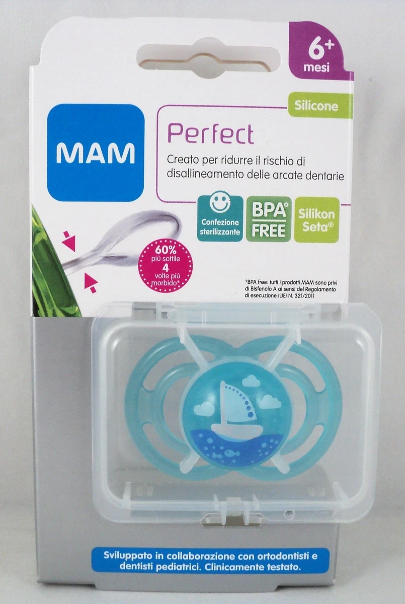 MAM Perfect Schnuller Silikon Monaten 6 + Schnuller Blau Boot + Box Steril