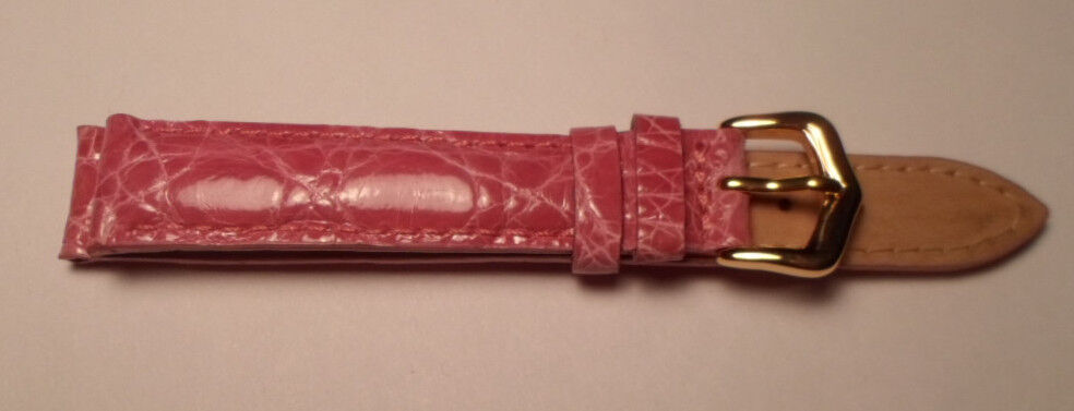 16mm Pink Genuine Crocodile Valais Wrist Watch Strap Band Gold Toned Buckle