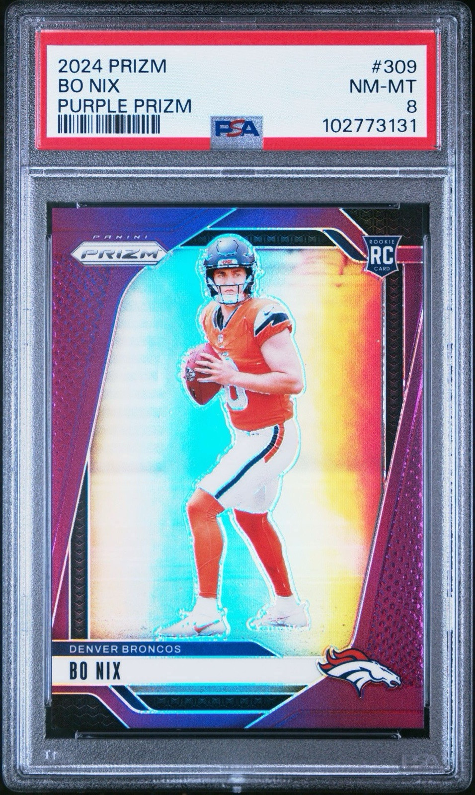 2024 Panini Prizm #309 Bo Nix /125 Purple Prizm Parallel RC Broncos Rookie PSA 8