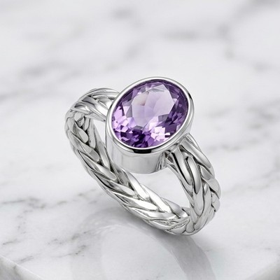 Größe 7 Zargenfassung Amethyst Edelstein Weizen Kette Ring anlaufgeschützt Echt Silber