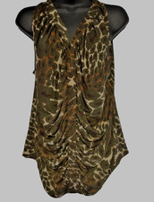 Nine West XL Camo Green Brown Stretch Snap Button Ruched Sleeveless Cheetah Top
