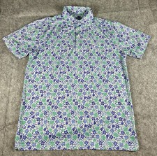 Rhoback Men  s Golf Polo Shirt Performance Sz M Floral Hibiscus Blue White Print