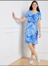 NWT  Talbots Short Sleeve Blue White Swirl A-line Dress Petite Med Travel Resort