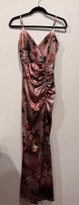 WINDSOR Women's Floral Satin Ruched Maxi Dress Brown Pink Size MED.