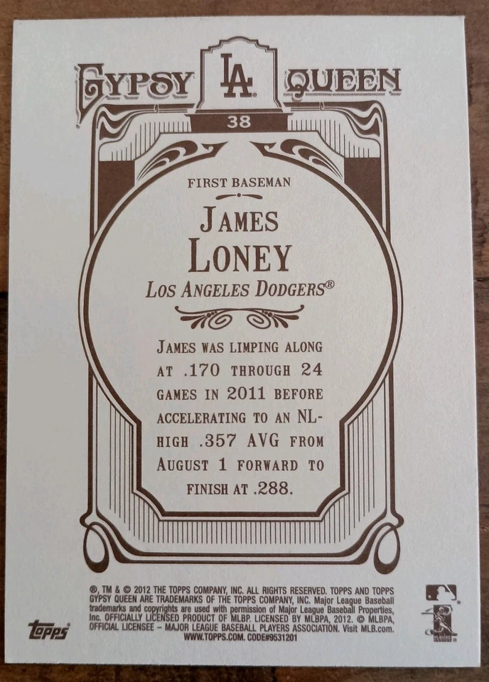 2012 Topps Gypsy Queen - James Loney #38 Mini Gypsy Queen Back - Image 2 of 2