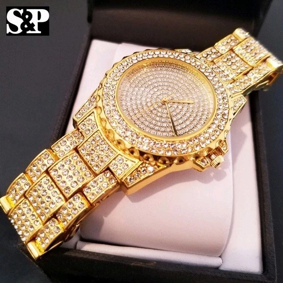 Reloj de pulsera de metal chapado en oro rosa con bisel helado grande de 48 mm para hombre Foto 4 de 4