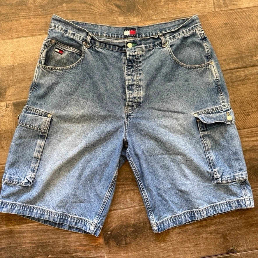 Pantalones Cortos de Jean Tommy Hilfiger Vintage Años 90 Logo Denim Carga, Azul, 40 Foto 3 de 4