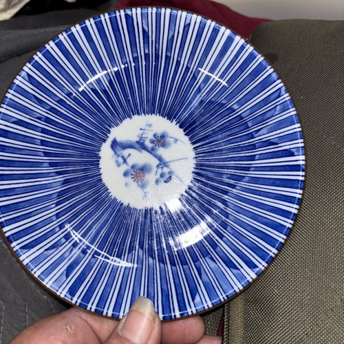 Lot of 2 VTG Japanese Blue White Lines Rice Noodle Bowl & Plate Cherry Blossoms - Picture 6 of 6