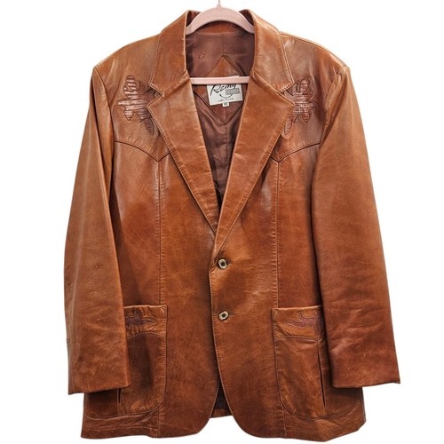 Giacca blazer western moda pelle Remy taglia 46 marrone pelle croc goffrata
