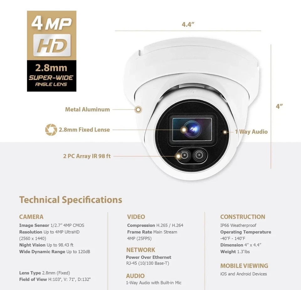 Cámara IP torreta PoE de 8 MP 4K IR compatible con Marquis/Universal con audio de 2,8 mm Foto 3 de 4