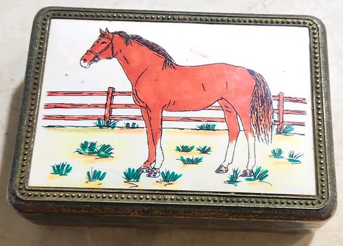 VTG Metal Jewelry/trinket Box W/mirror And Hinged Horse Lid GC