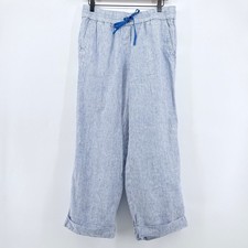 Talbots Medium Blue White Stripe Linen Wide Leg Ankle Pants Drawstring Cuffed