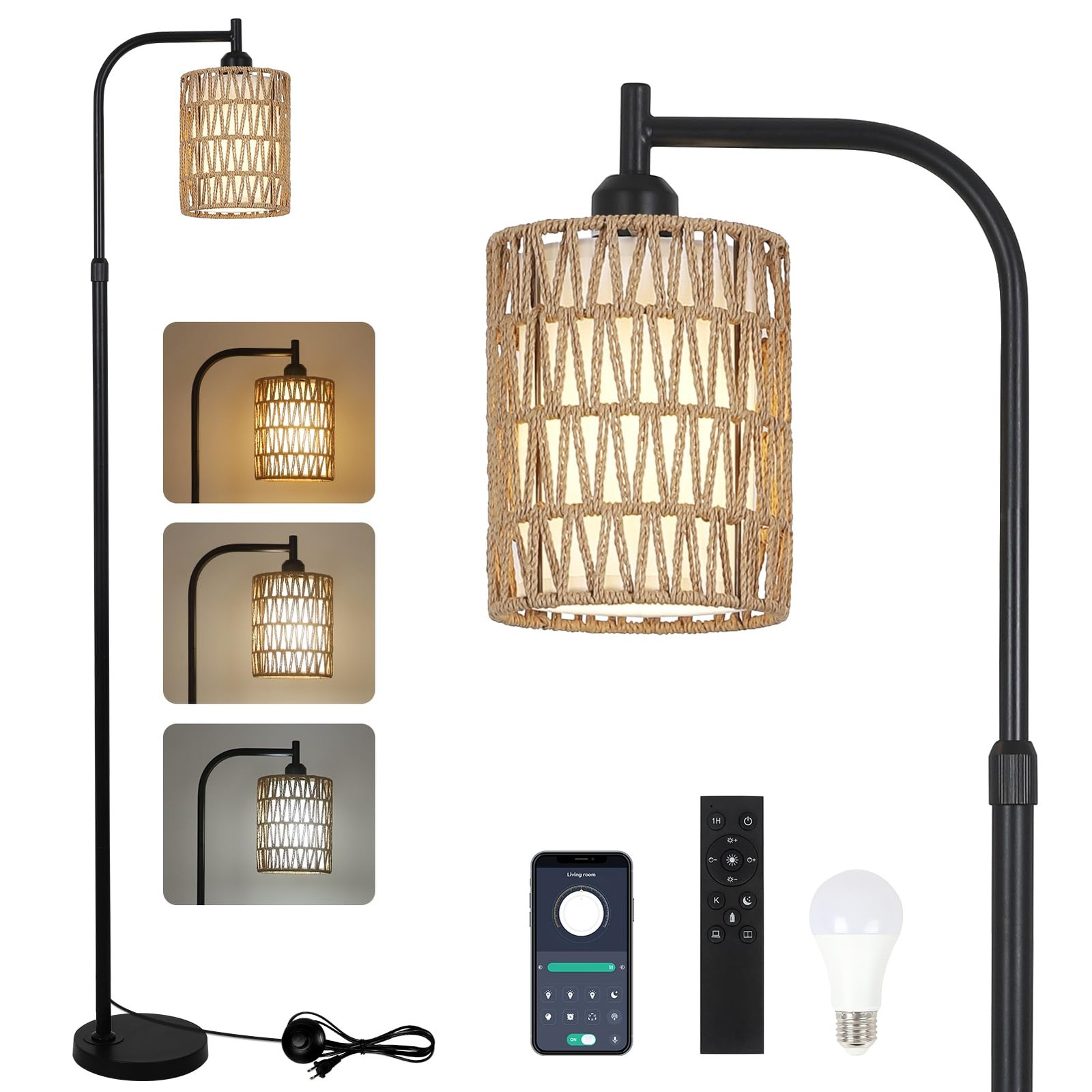 Dimmable Rattan Floor Lamp with Remote & LED Bulb, Industrial Style-image