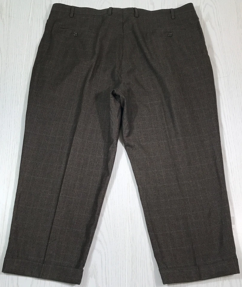 Lauren Ralph Lauren Wool Trousers Pants 44x26 Brown Houndstooth Pleated Cuffed - Image 2 of 4