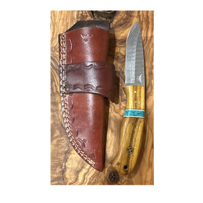 Hometown Knives 7.5  Layered Damascus Knife W/ Turquoise Stone & Wood Handle