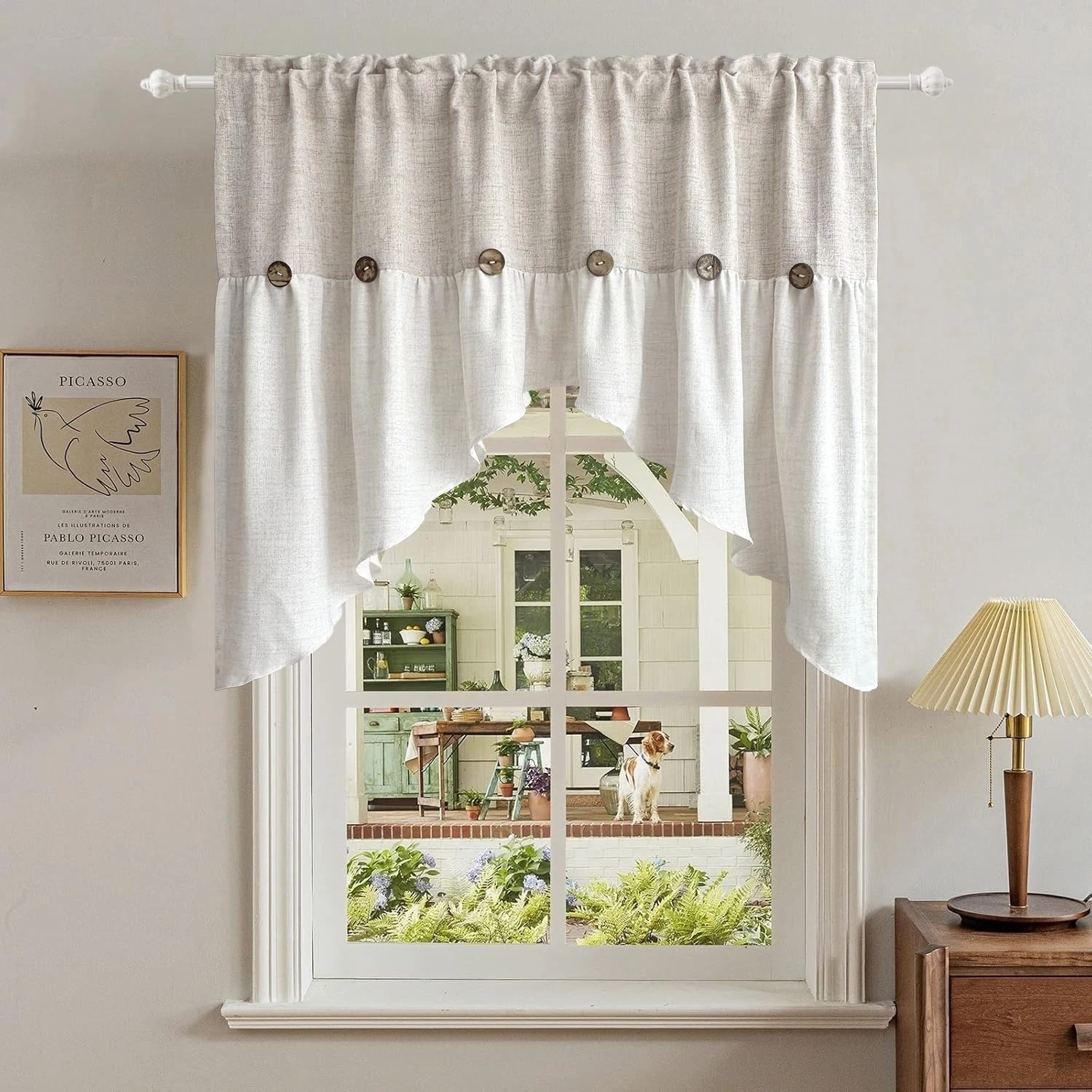 Beige Linen Curtain Swag for Living Room Button Kitchen Curtain Farmhouse Val...