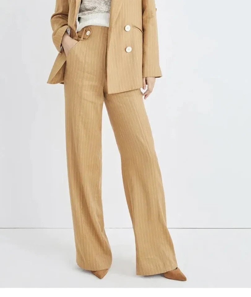 NEW $449 Veronica Beard Sunny Pants Camel Pinstripe Wide leg Size 4 Linen Blend