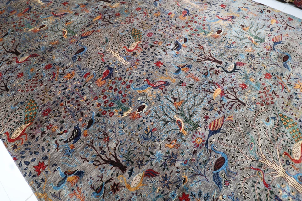 12x18 ft Birds Animal Gray Larger Area Rug Afghan Hand Knotted Veg Dyes Wool Rug - Image 3 of 4
