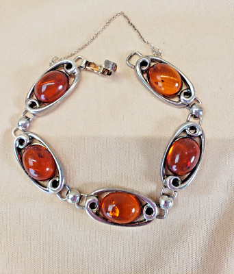 Vintage Sterling Silver Amber Cabochon Modernist Swirl Oval Link Bracelet Signed