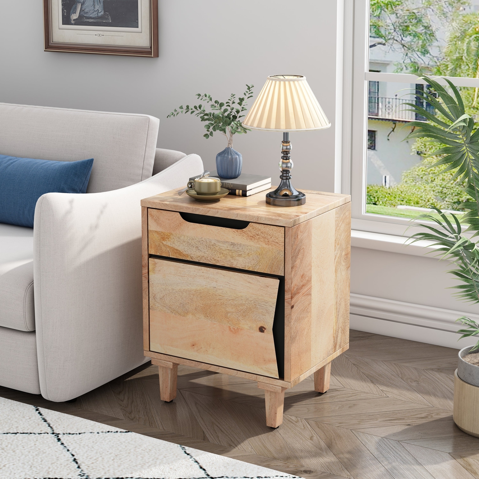 Rustic Natural Wood Nightstand Bedside Table with Drawer  