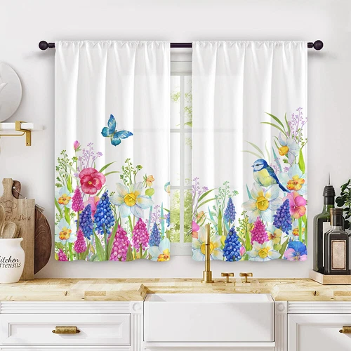 2X Rod Pocket Floral Blackout Valance Kitchen Waterproof Window Curtains Drapes - Picture 25 of 54
