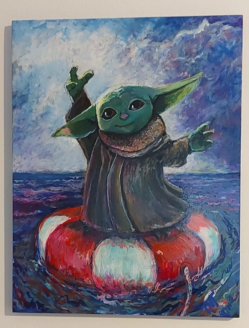BABY YODA star wars Saving Yoda 16x20 Acrylic Painting original art signed TNT