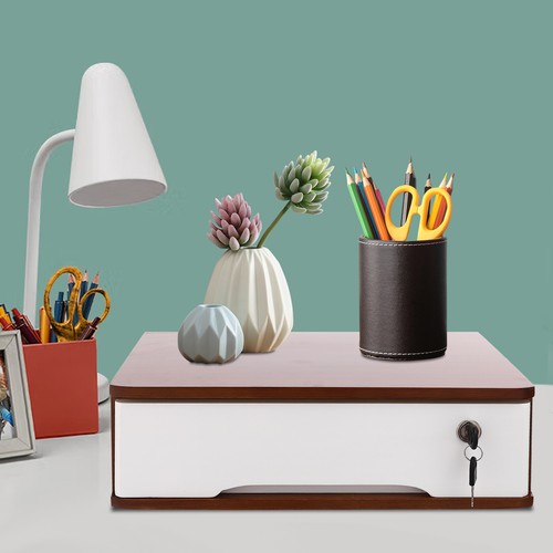 Wood Desktop Storage Box With Lockable Drawer Office Supplies Drawer Organizer