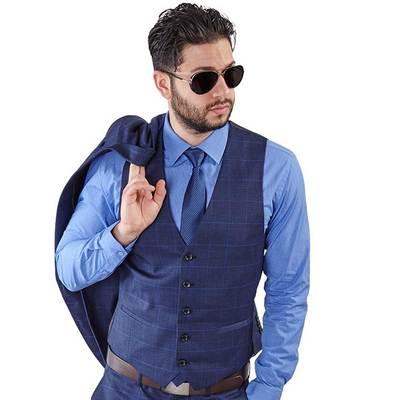 Blue Windowpane Suit Vest Button V Neck Adjustable Back Strap Formal AZAR  MAN