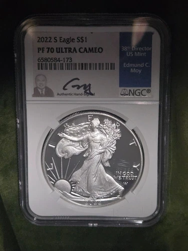 2022 S PROOF SILVER EAGLE SAN FRANCISCO MINT NGC PF70 EDMUND MOY HAND SIGNED