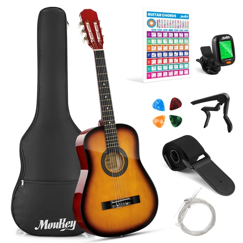 Moukey 38" Acoustic Guitar Dreadnought Basswood Nylon Strings With Tuner Strap