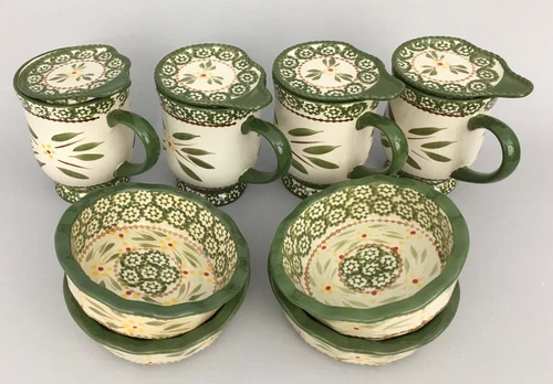 TEMPTATIONS By Tara Old World Green Coffee Mugs w/Lids and Pie Plates-12 Pc Set