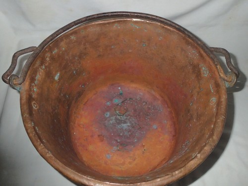 ANTIQUE COUNTRY FARM COPPER PAIL PLANTER BUCKET POT KETTLE FORGED IRON HANDLE US - Picture 7 of 14