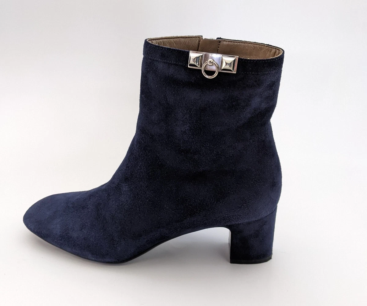 Hermes Power Navy Blue Suede Booties Boots Collier de Chien EU 39