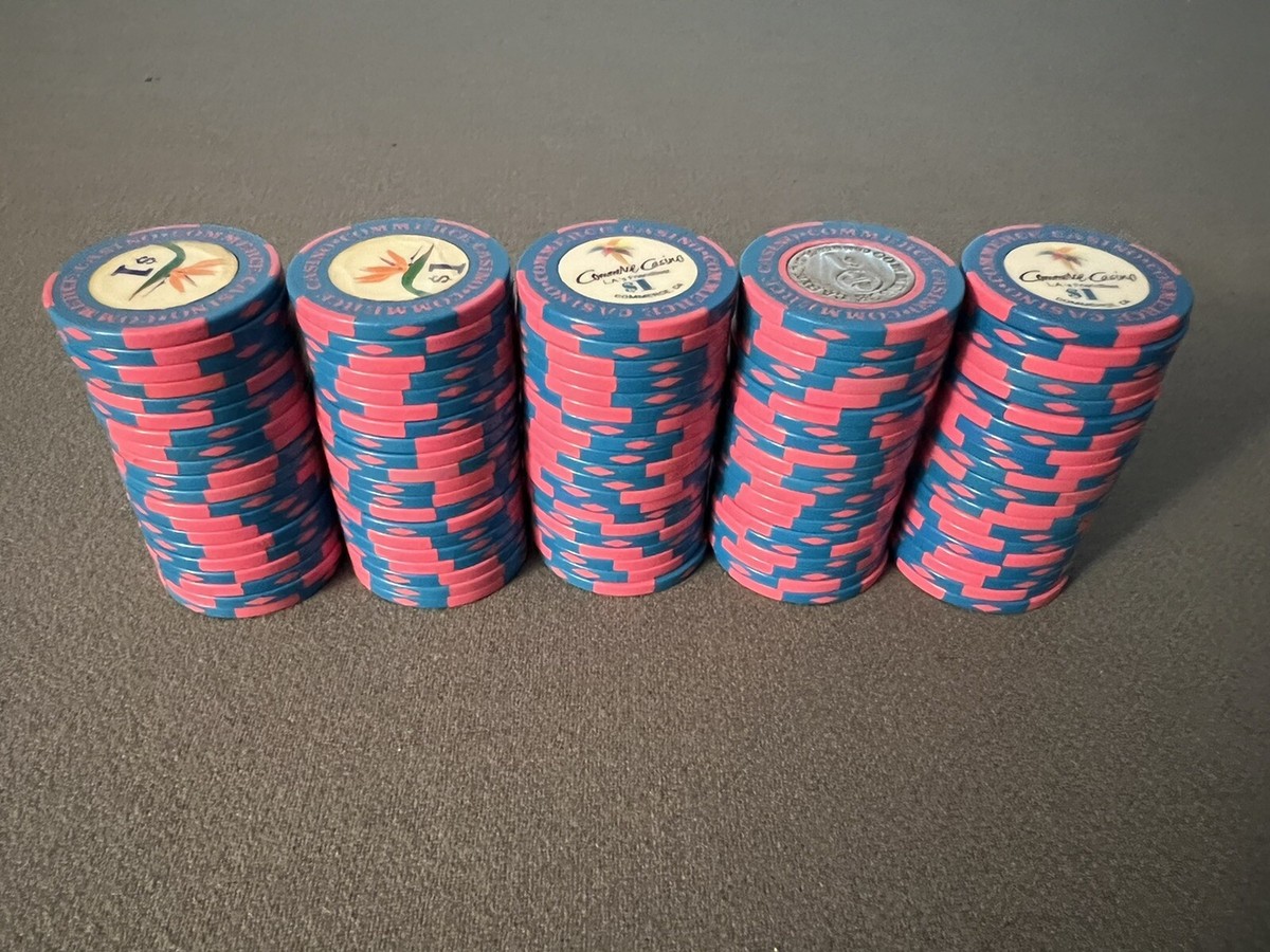 Set of 100 Commerce Casino $1 Clay Poker Chips Rare Collectible