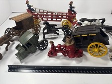 Vintage Antique Cast Iron Toy Horse Carriage Fire Pumper Lot For Parts Or Refurb