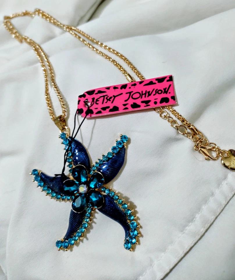 Colar de corrente Betsey Johnson esmalte azul estrela do mar e 29" folheado a ouro corda  - Imagem 2 de 2