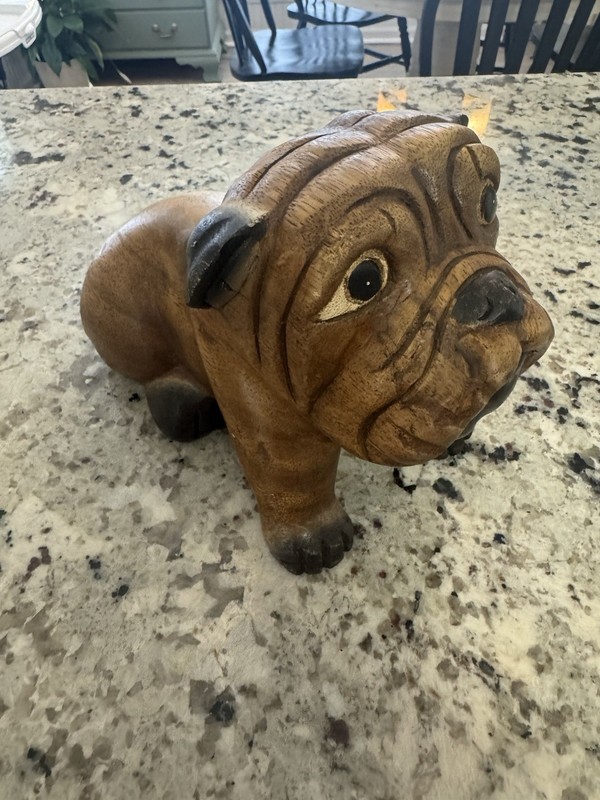 Wooden Hand Carved Wood Bulldog Figurine Statue 