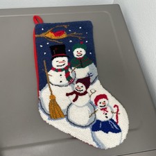 Snowman Family Christmas Stocking Wool Needlework Red Felt Back 20in VGC