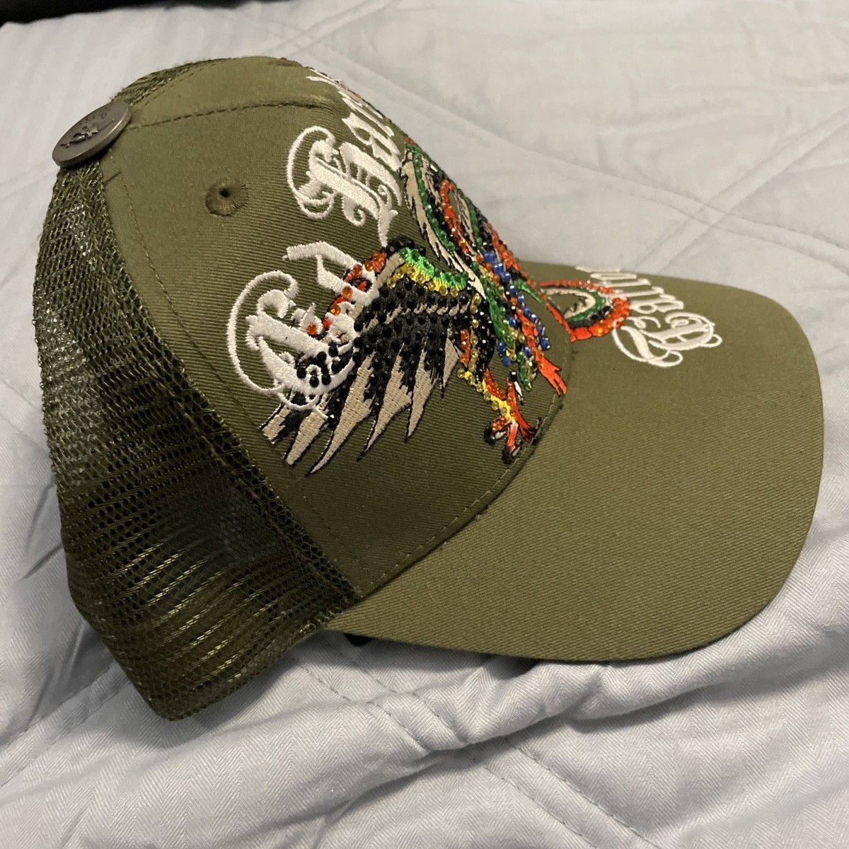 Ed Hardy Trucker Hat Embroidered Rhinestone Dragon Tattoo Snapback