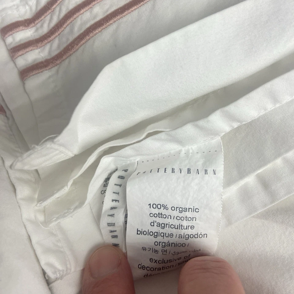 Sábana plana blanca POTTERY BARN GRAND ORGANIC Queen rosa punto de hotel bordada Foto 2 de 4