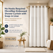 New Hotel Style No Hook Shower Curtain Snap In Liner Waffle Fabric White 71x74.