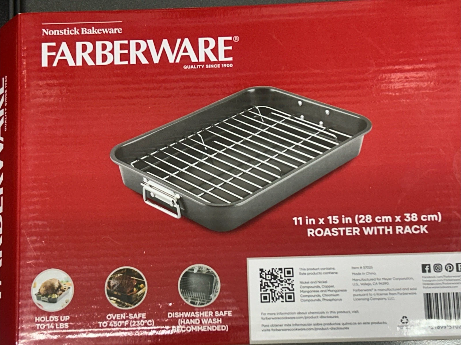 Farberware Bakeware 11x15 Inch Nonstick Roaster with Flat Rack, Dishwasher Safe