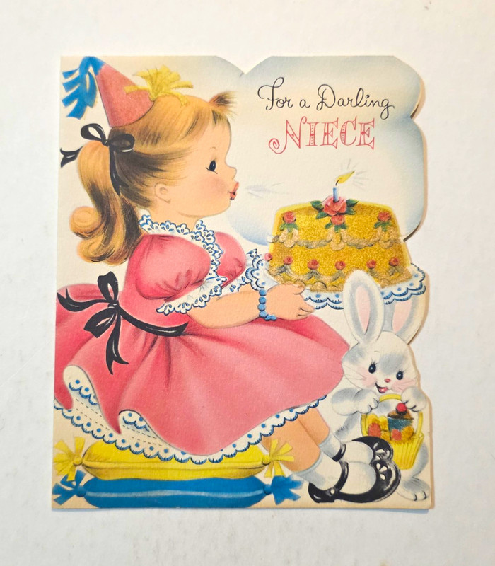 Vintage Norcross Girl W/Glitter Cake Pull-out Candy Birthday Greeting Card